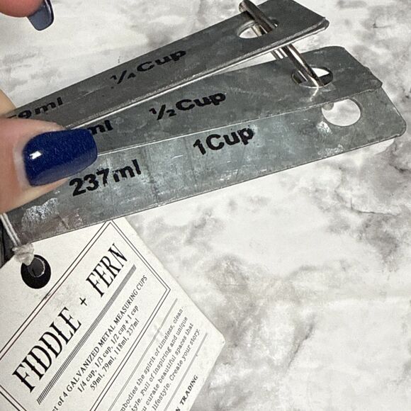 Fiddle & Fern Galvanized Metal 4 Piece Nested Measuring Cups Standard Metric NEW - Picture 3 of 4